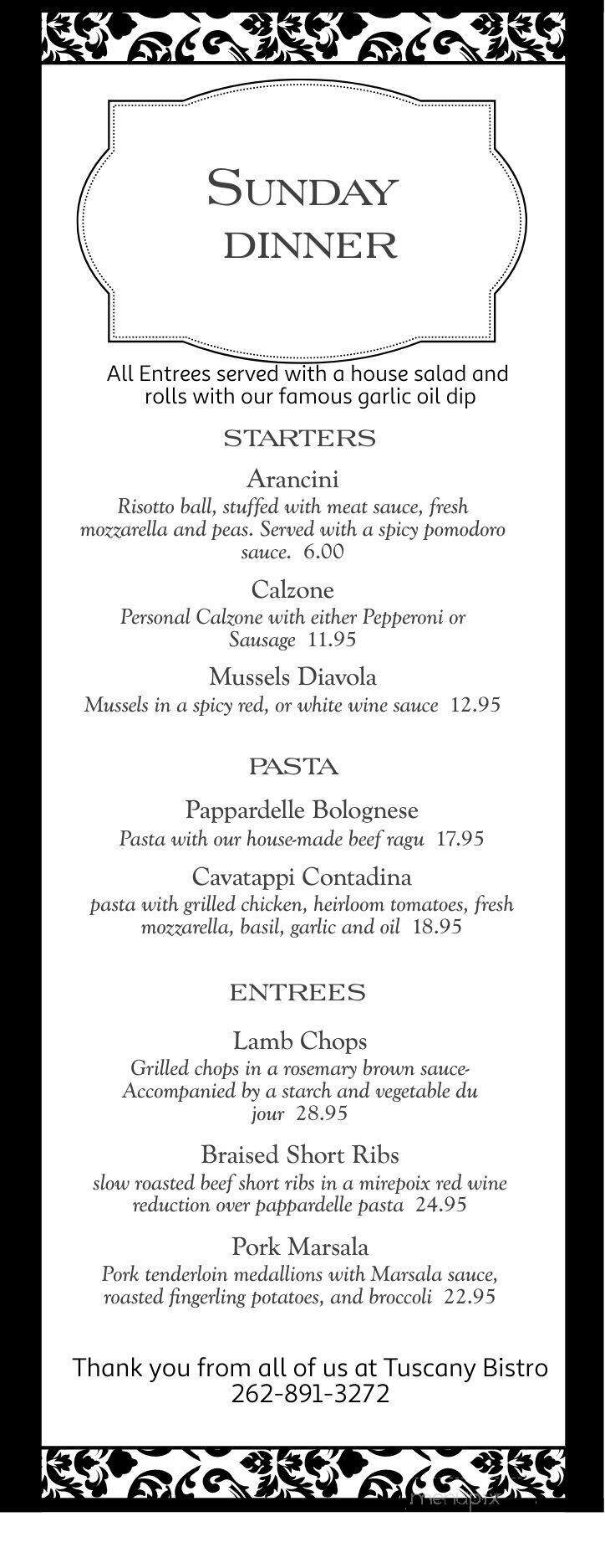 Tuscany Bistro Bar & Grill - Kenosha, WI menu_pic