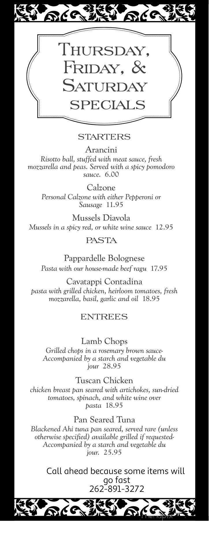 Tuscany Bistro Bar & Grill - Kenosha, WI menu_pic