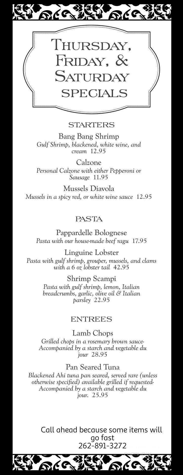 Tuscany Bistro Bar & Grill - Kenosha, WI menu_pic