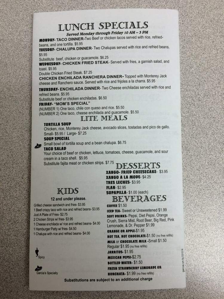 Garcia's Mexican Restaurant - San Marcos, TX menu_pic