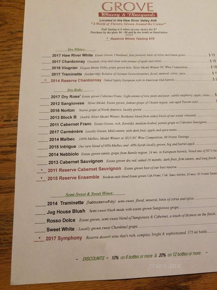 Grove Winery - Gibsonville, NC menu_pic