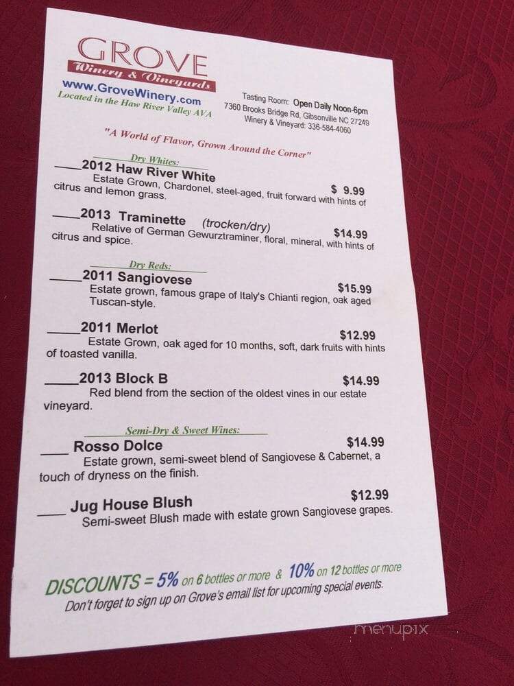 Grove Winery - Gibsonville, NC menu_pic