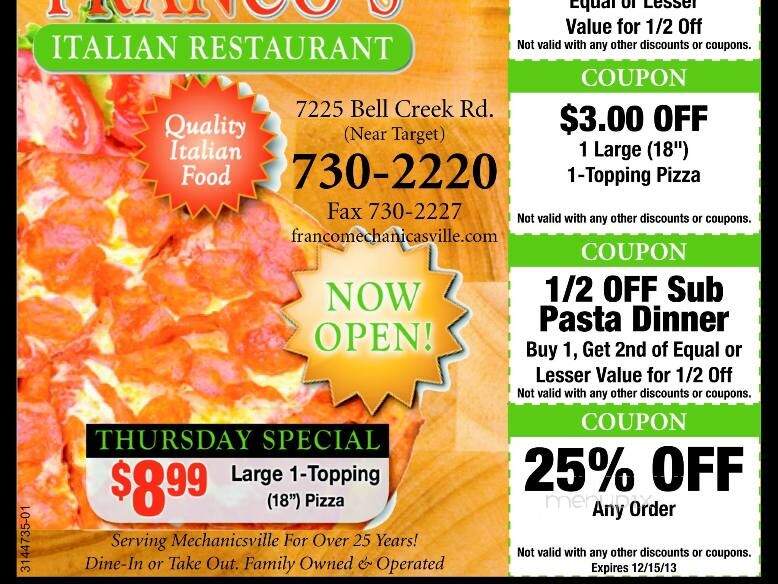 Franco's Italian Restaurant - Mechanicsville, VA menu_pic