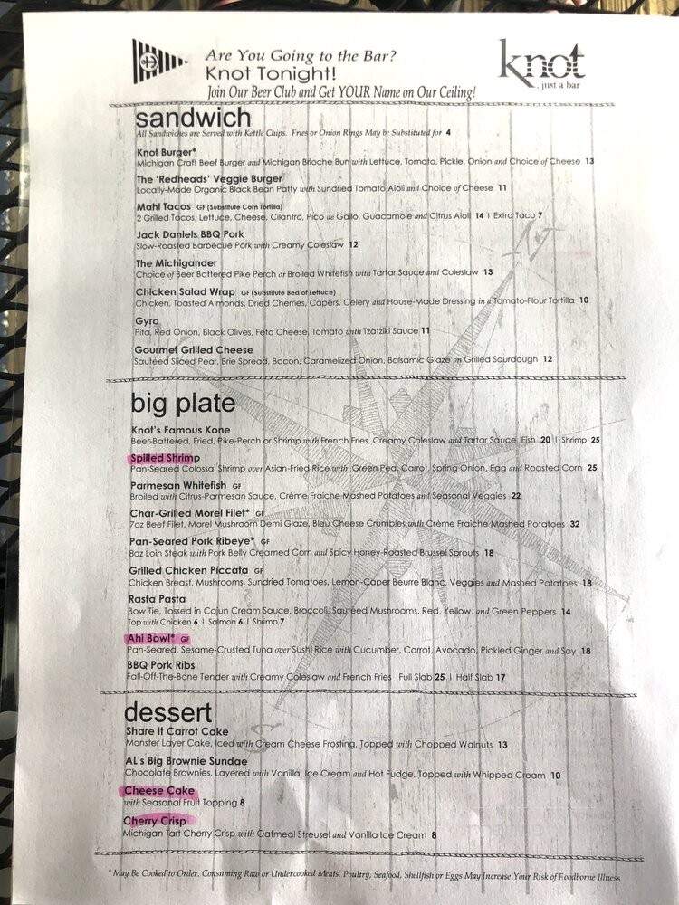 Knot Just a Bar - Omena, MI menu_pic