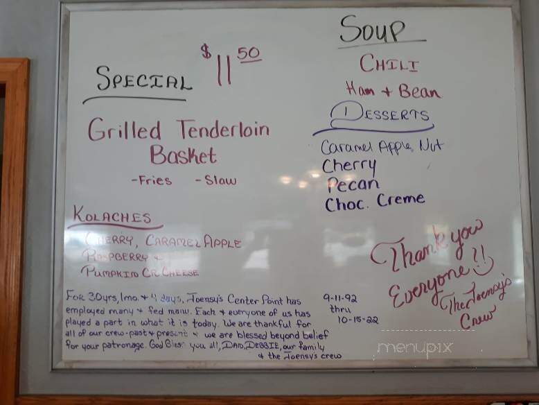 Joensy's Restaurant - Center Point, IA menu_pic