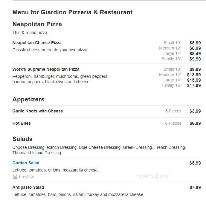 Giardino Pizzeria & Restaurant - Glade Spring, VA menu_pic