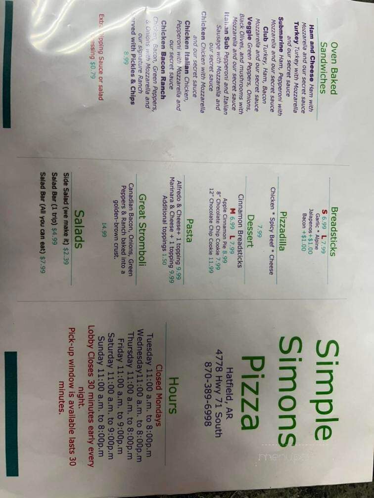 Simple Simon's Pizza - Hatfield, AR menu_pic