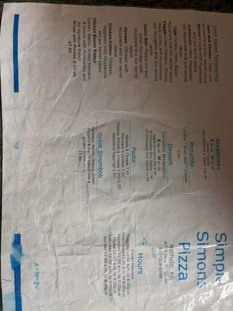 Simple Simon's Pizza - Hatfield, AR menu_pic