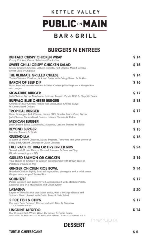 Kettle Valley Public On Main Bar and Grill - Kelowna, BC menu_pic