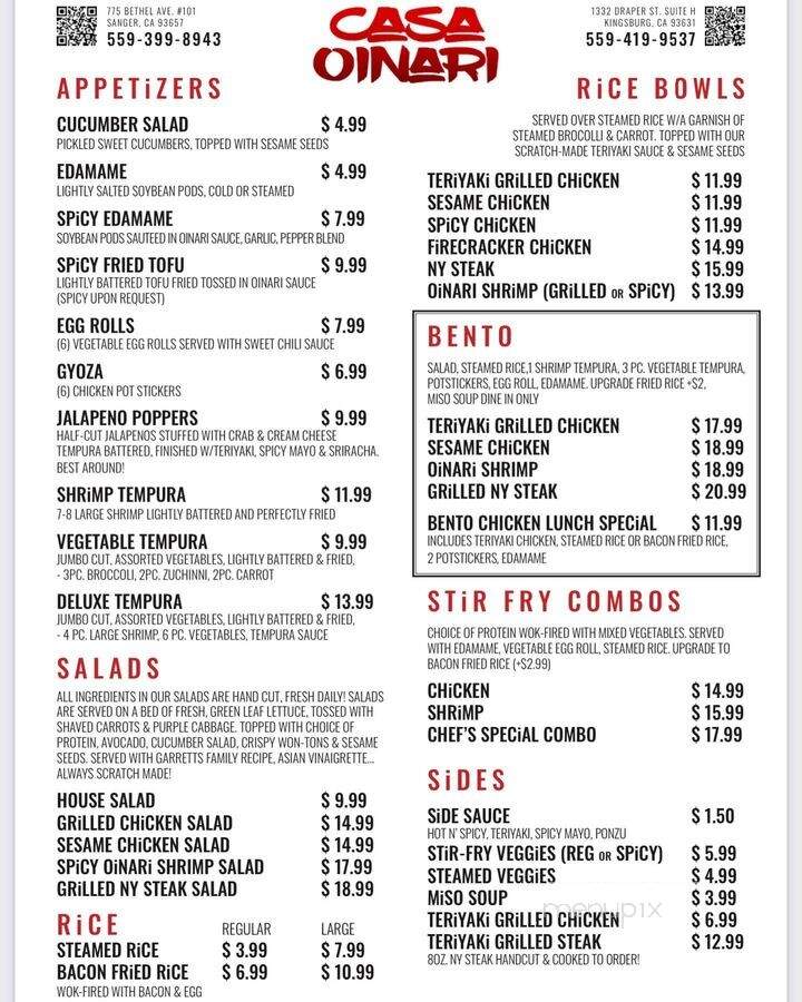Casa Oinari - Sanger, CA menu_pic