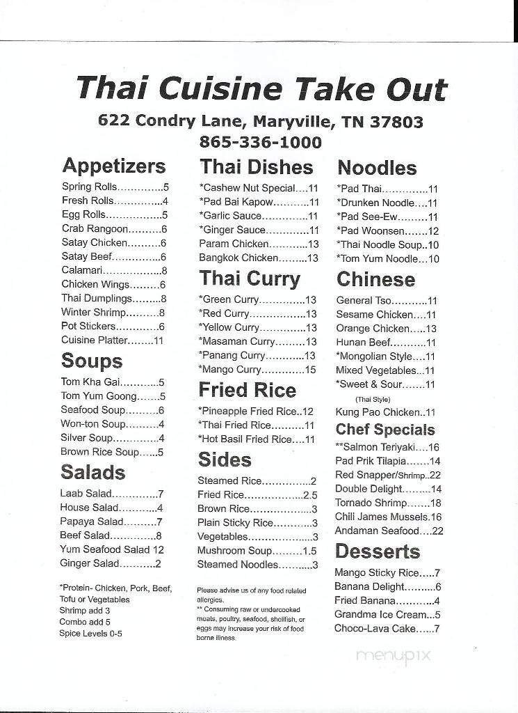 Thai Cuisine - Maryville, TN menu_pic