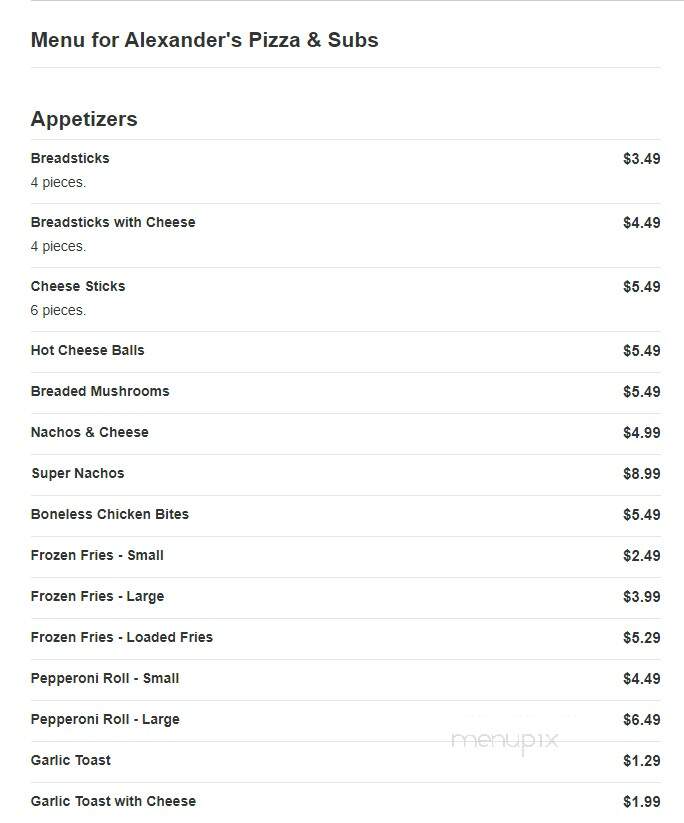 Alexanders Pizza & Subs - Mount Pleasant, PA menu_pic
