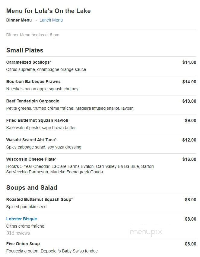 Lola's On The Lake - Elkhart Lake, WI menu_pic