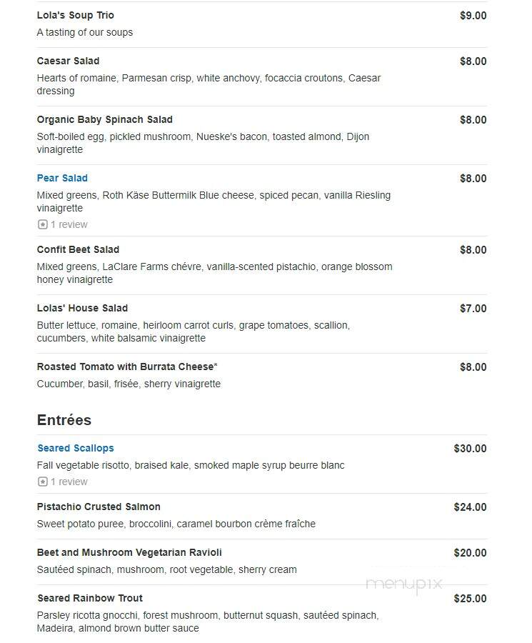 Lola's On The Lake - Elkhart Lake, WI menu_pic