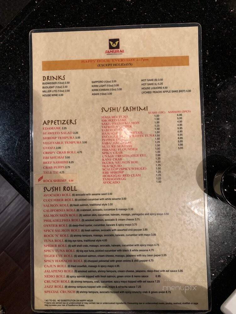 Samurai Japanese Steak & Sushi House - Webster, TX menu_pic