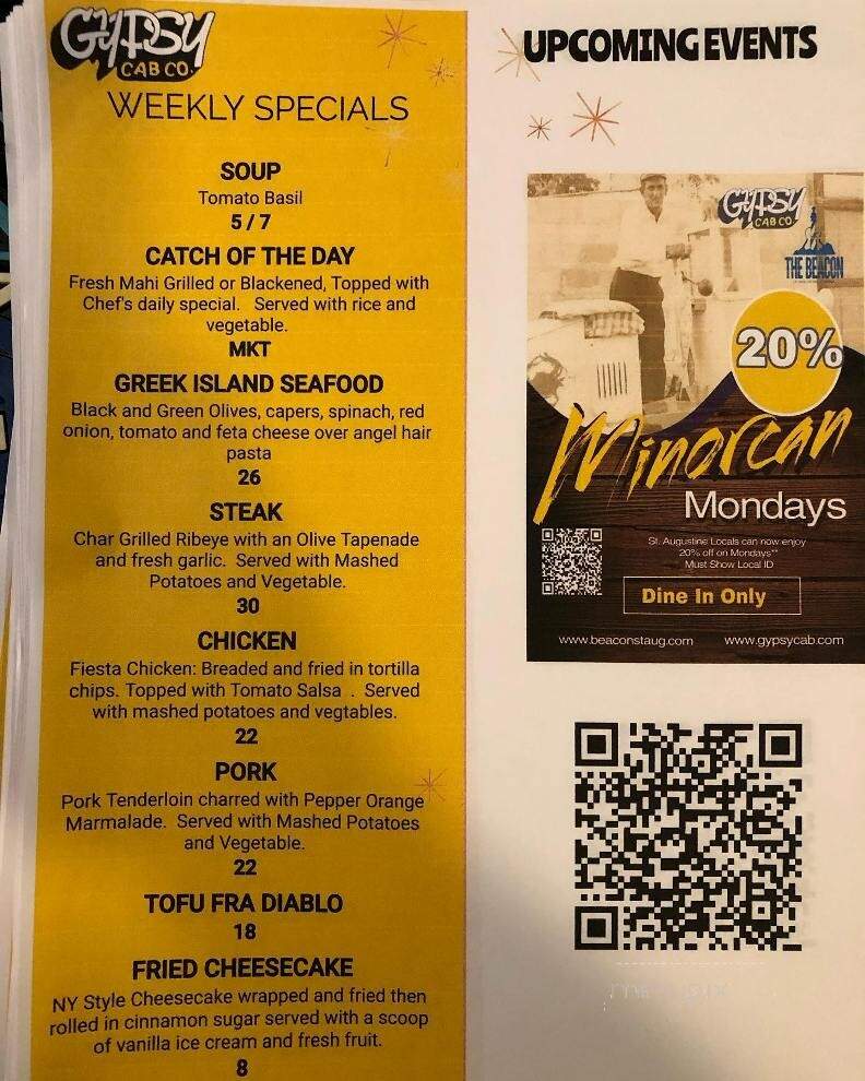 Gypsy Cab Co Restaurant - St Augustine, FL menu_pic