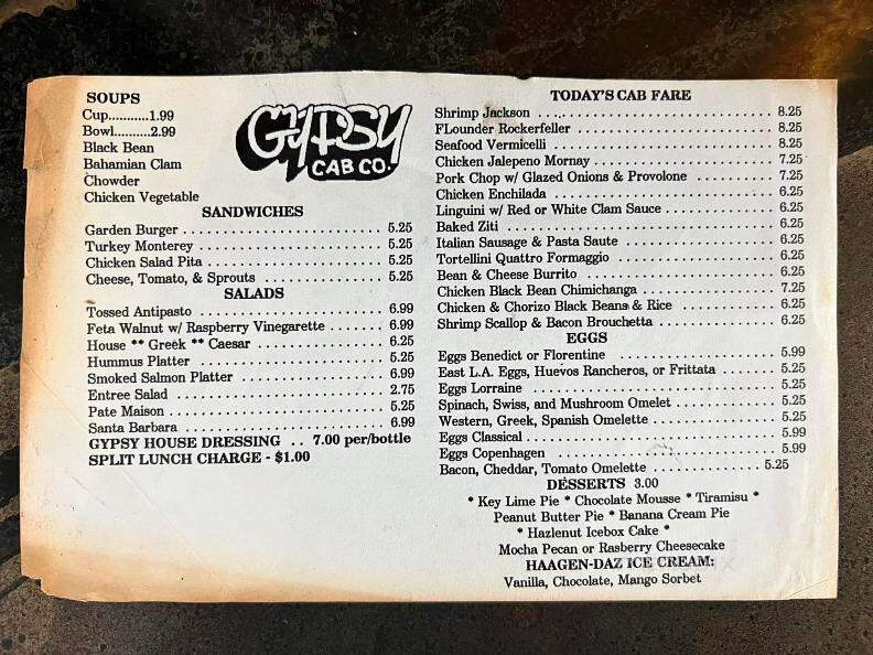 Gypsy Cab Co Restaurant - St Augustine, FL menu_pic