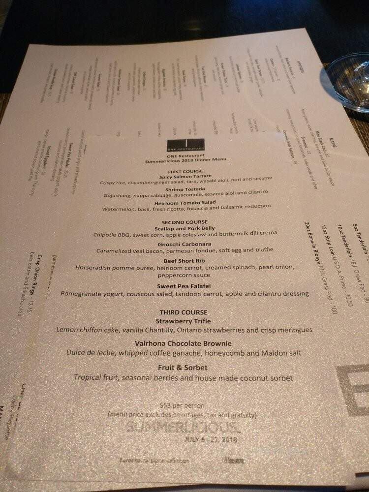 One Restaurant - Toronto, ON menu_pic