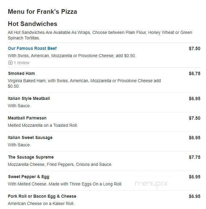Frank's Pizza - Bensalem, PA menu_pic
