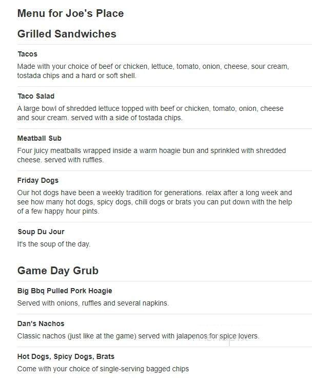 Joe's Place - Gilmer, TX menu_pic
