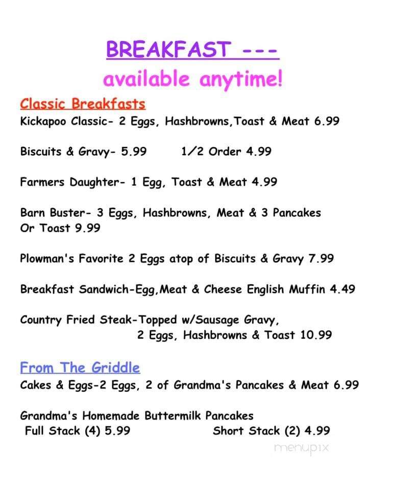 Kickapoo Corners Family Restaurant - Readstown, WI menu_pic