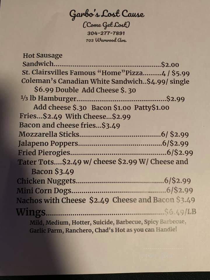 Garbo's Neighborhood Bar - Wheeling, WV menu_pic