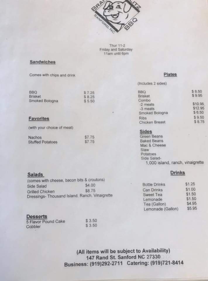 Brannan Schlitz BBQ - Sanford, NC menu_pic