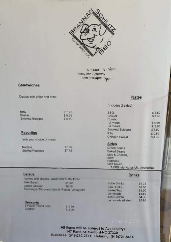 Brannan Schlitz BBQ - Sanford, NC menu_pic