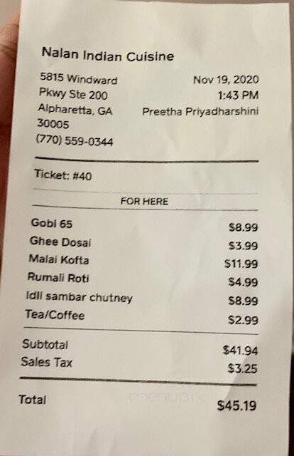 Nalan Indian Cuisine - Alpharetta, GA menu_pic