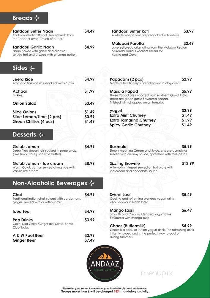 Andaaz - Jasper, AB menu_pic