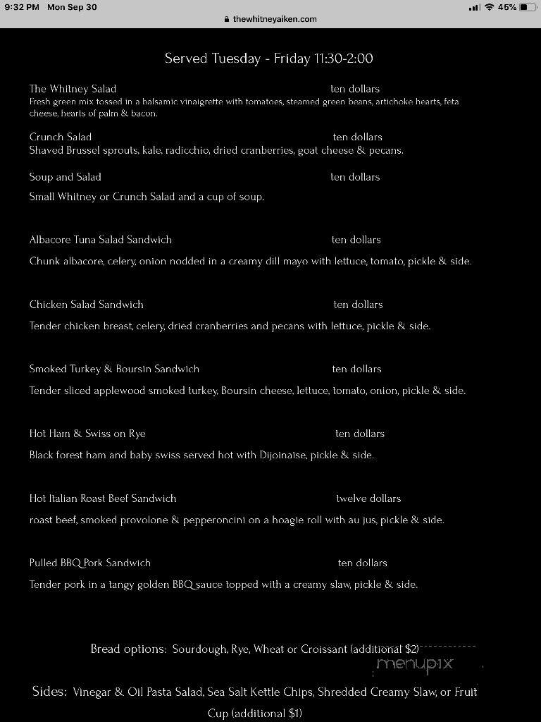 The Whitney Restaurant & Bar - Aiken, SC menu_pic