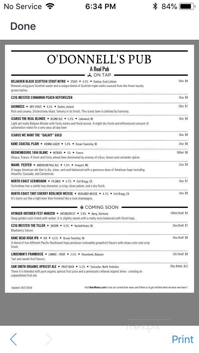 O'Donnell's Pub - Harrison, NJ menu_pic
