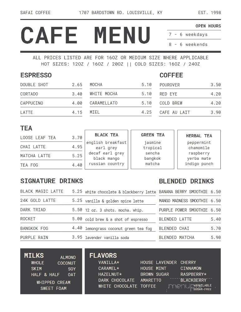 Safai Coffee - Louisville, KY menu_pic