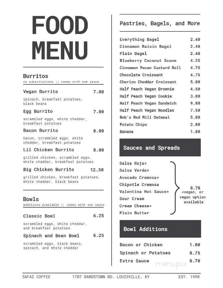 Safai Coffee - Louisville, KY menu_pic