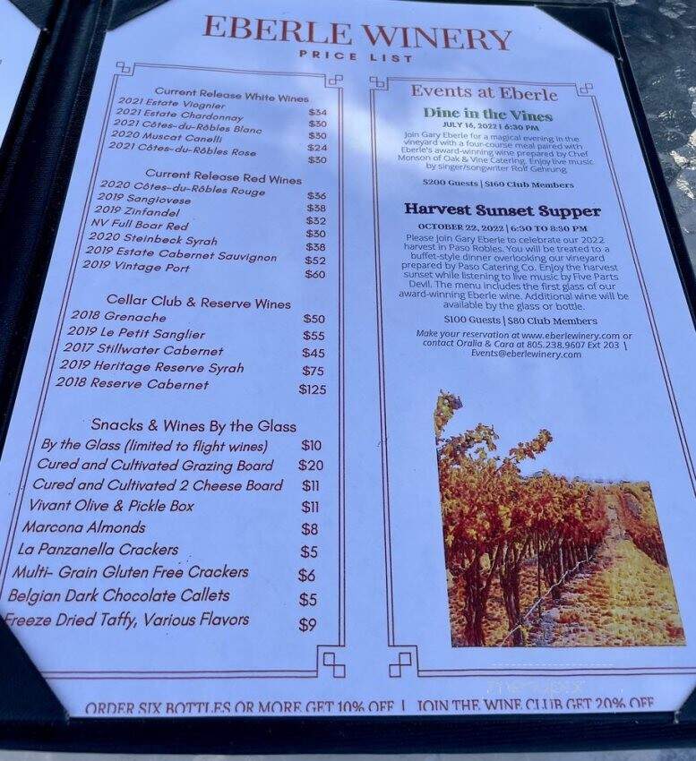 Eberle Winery - Paso Robles, CA menu_pic