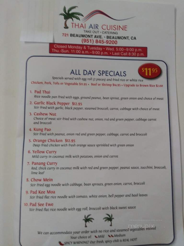 Thai Air Cuisine - Beaumont, CA menu_pic