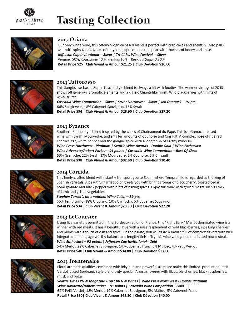 Brian Carter Cellars - Woodinville, WA menu_pic