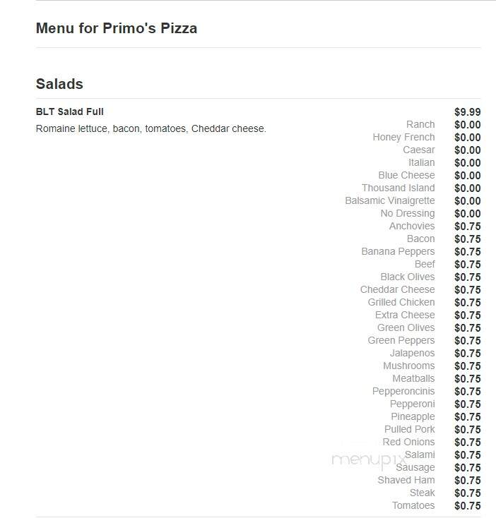 Primo's Pizza - Carbondale, IL menu_pic