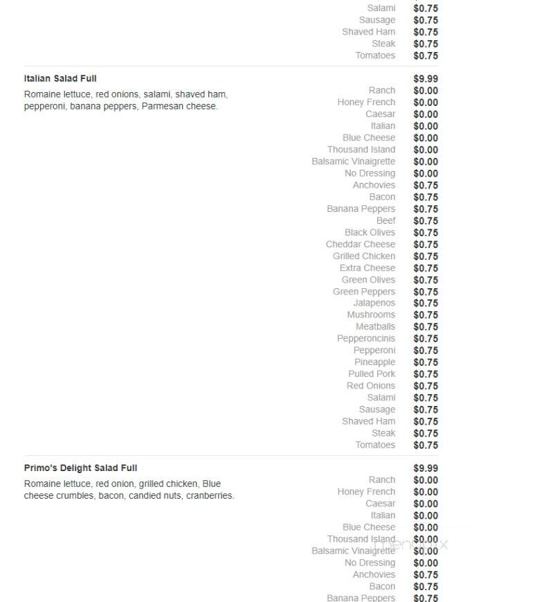 Primo's Pizza - Carbondale, IL menu_pic