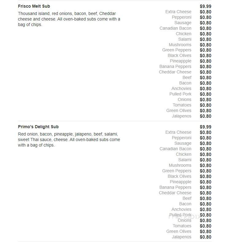 Primo's Pizza - Carbondale, IL menu_pic