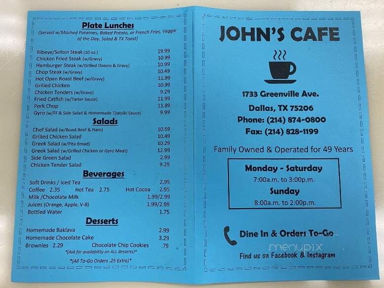 John's Cafe - Dallas, TX menu_pic