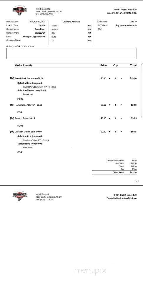 Ioannoni's Bullroasters - New Castle, DE menu_pic