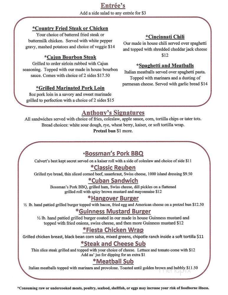 Anthony's Bar and Grill - Dunkirk, MD menu_pic