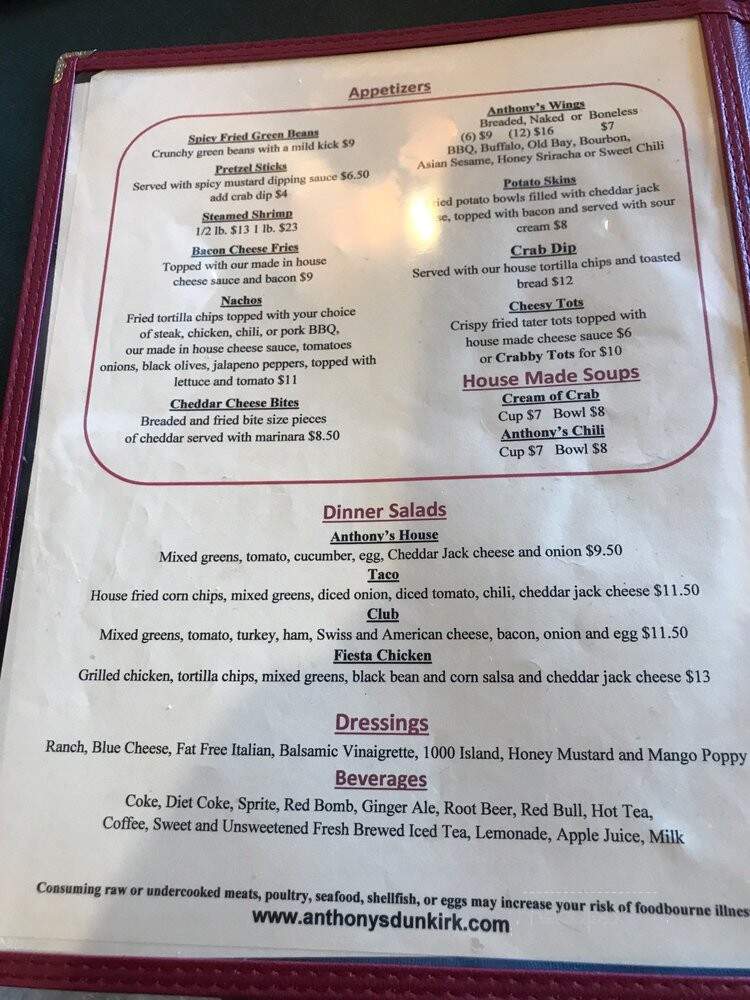 Anthony's Bar and Grill - Dunkirk, MD menu_pic