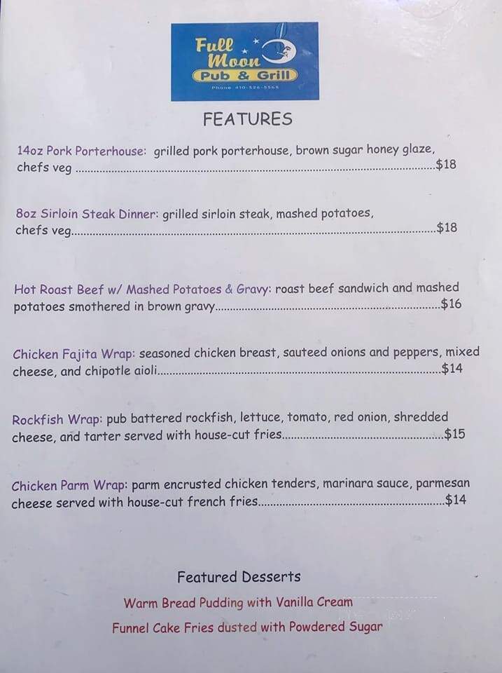 Full Moon Pub & Grill - Reisterstown, MD menu_pic