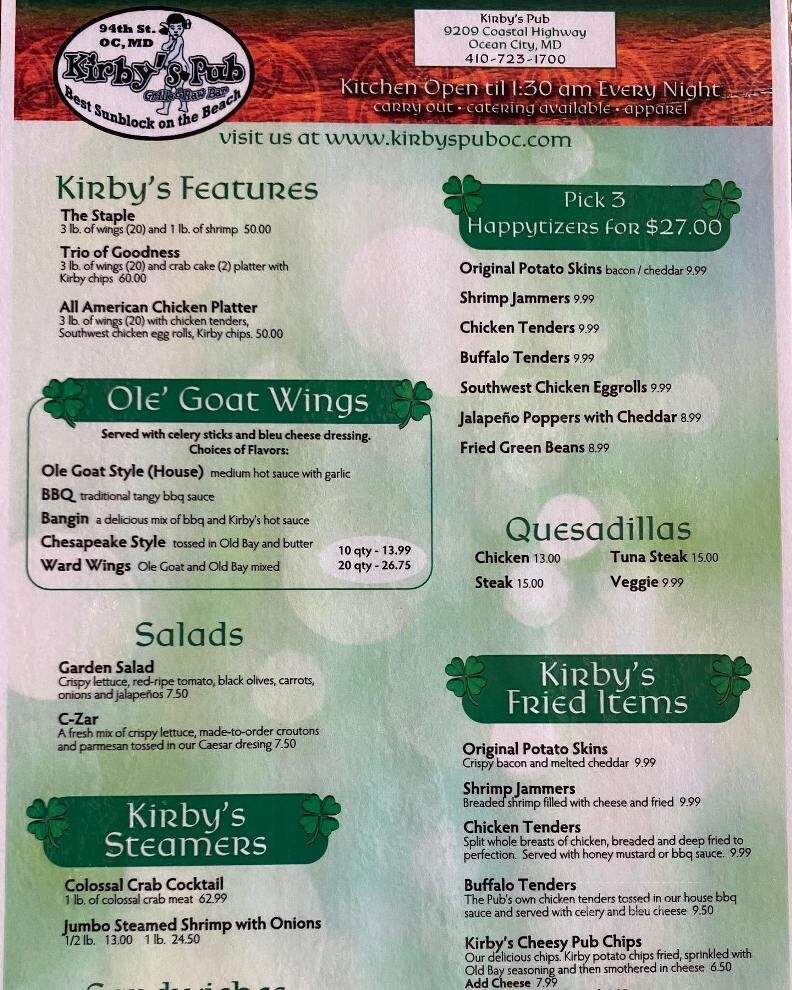 Kirby's Pub - Ocean City, MD menu_pic