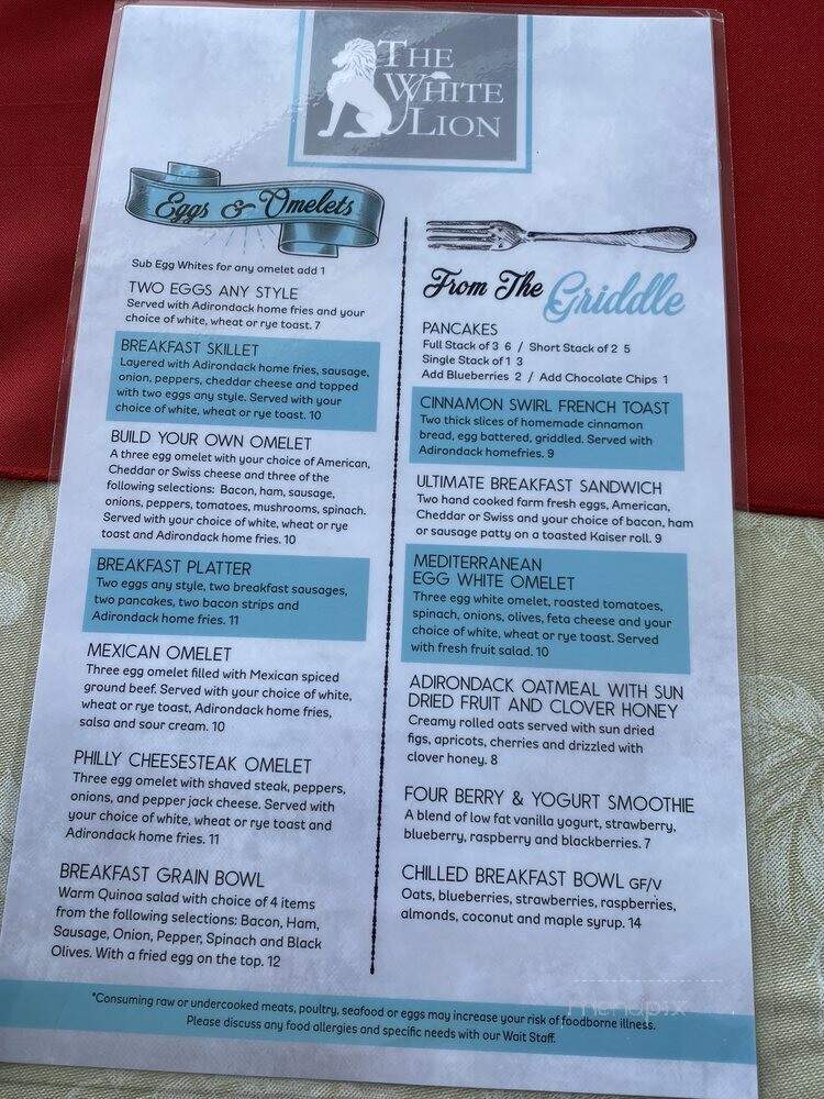 White Lion Restaurant - Lake George, NY menu_pic