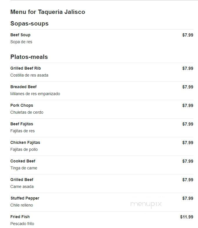 Taqueria Jalisco - Hereford, TX menu_pic