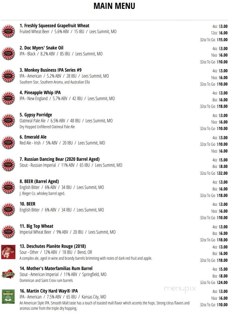 Fringe Beerworks - Lee's Summit, MO menu_pic
