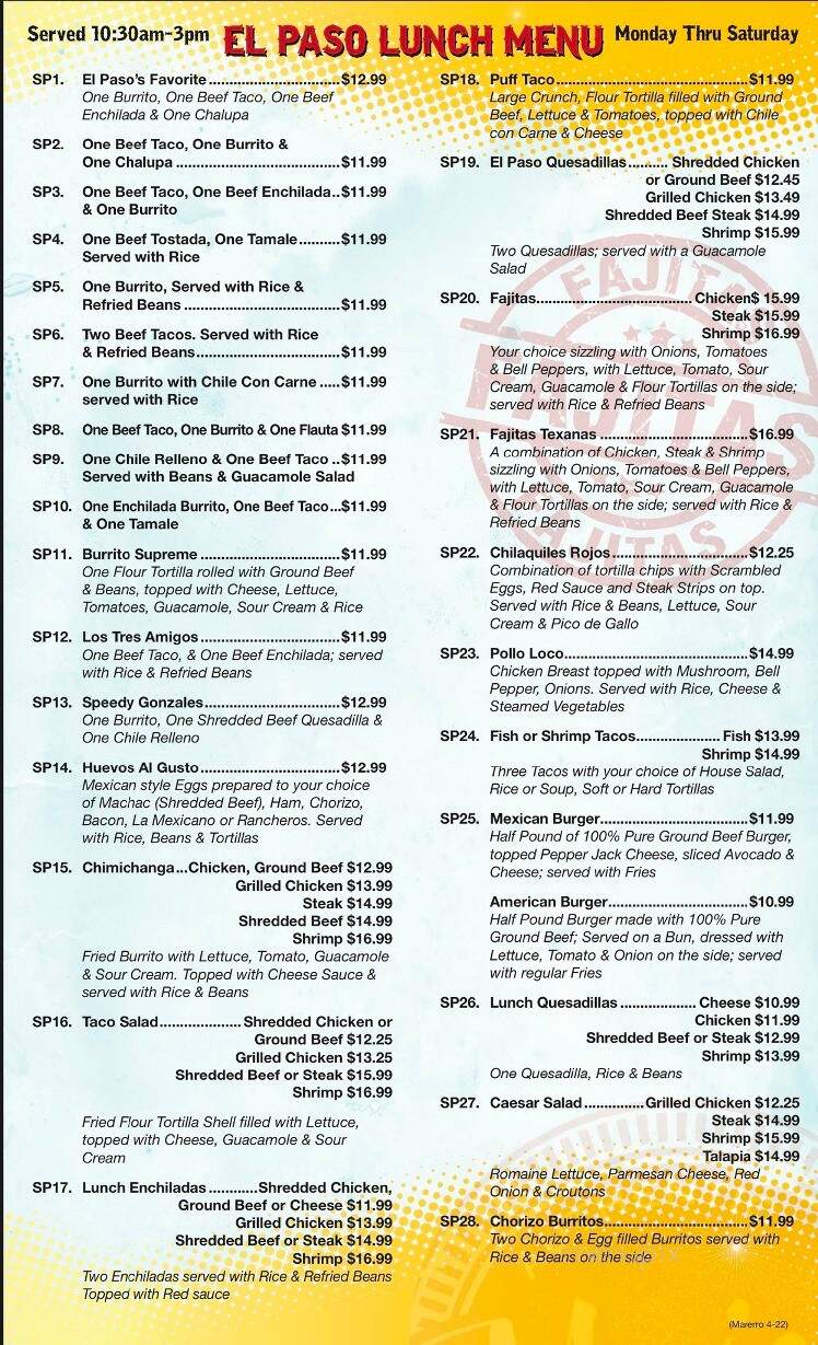 El Paso Mexican Grill - Marrero, LA menu_pic